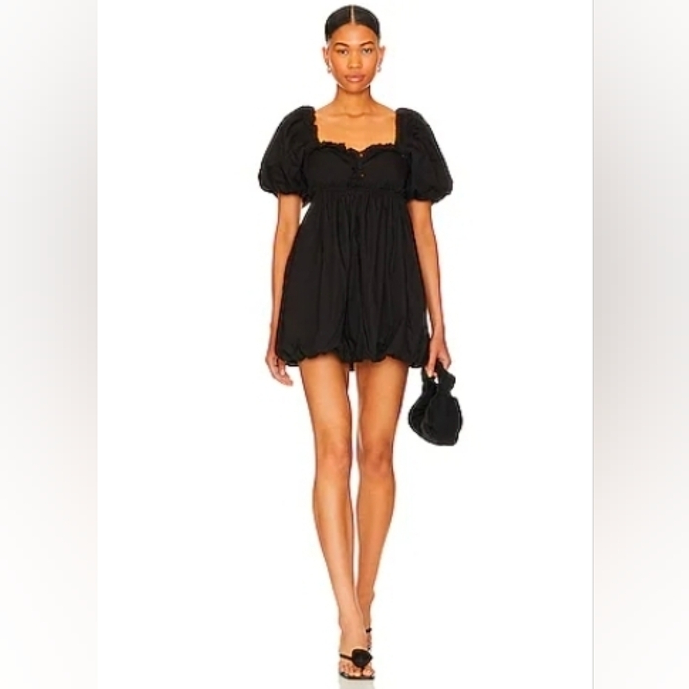 ❤️ NWT! FREE PEOPLE RENDEVOUS ME BLACK PUFF SLEEVE POPLIN MINI DRESS, MEDIUM
